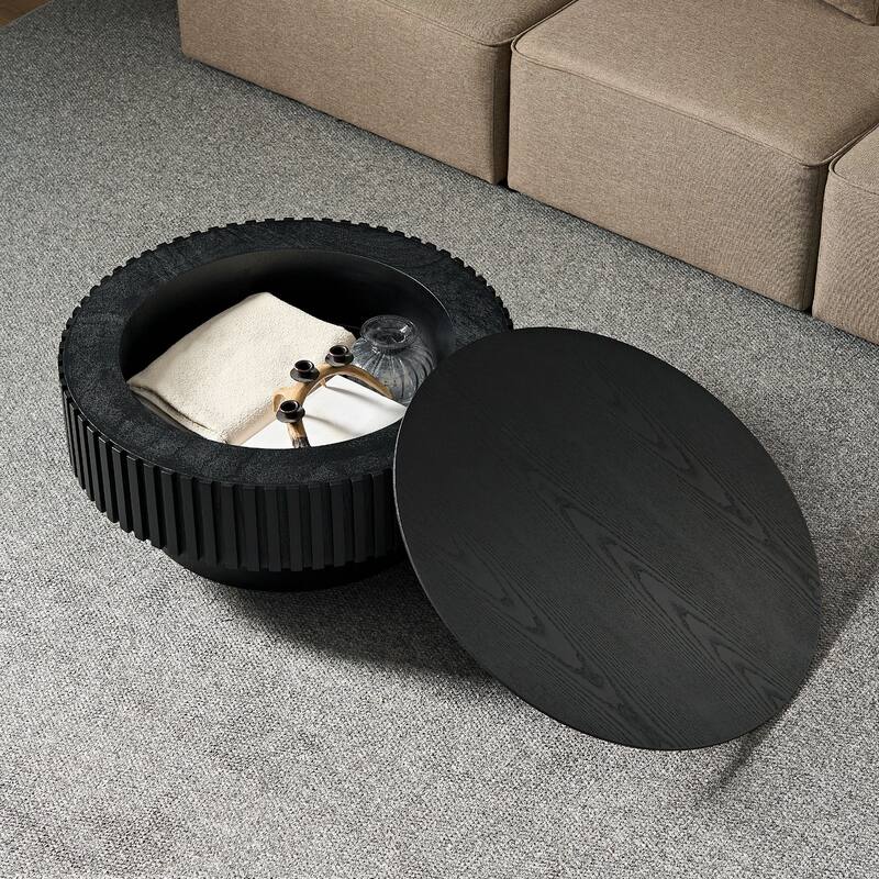 31.49" Modern Handcraft Round Wood Coffee Table with Storage