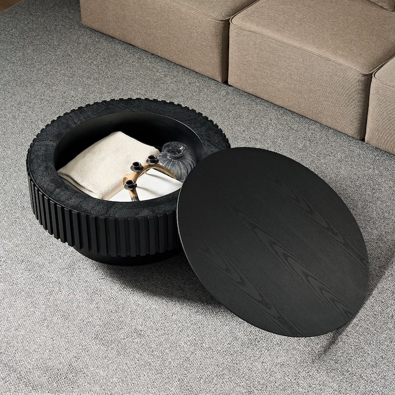 31.49'' Round Coffee Table Side Table with Storage, Modern Sofa Table Matt Black End Table for Apartment Living Room