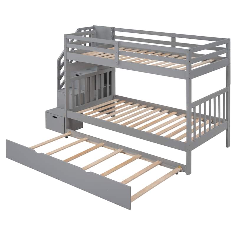 Twin Over Twin/Full Bunk Bed with Trundle and Storage Drawers, Solid Pine Wood, Staircase Access