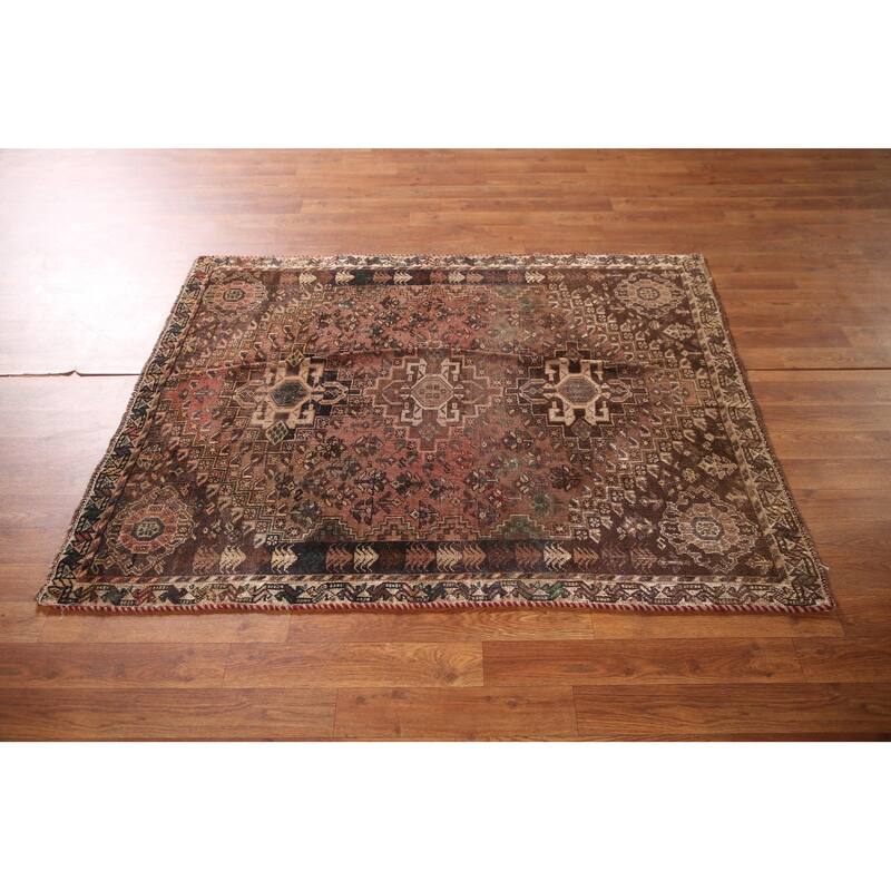 Qashqai Persian Antique Area Rug Hand-Knotted Wool Carpet - 3'9"x 4'10"