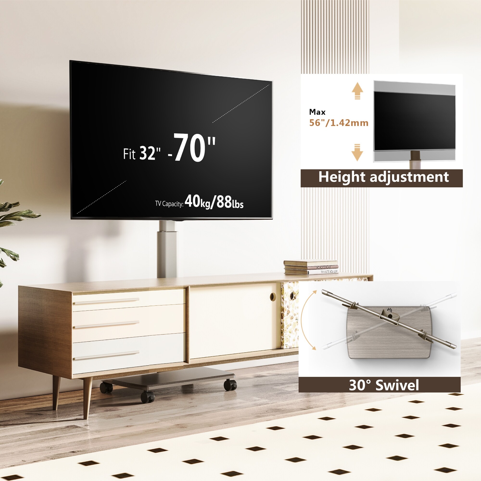 thumbnail image 2 of FITUEYES Rolling TV Stand - Mobile Cart For 32-75 Inch TVs With Swivel & Height Adjustment 2 of 5