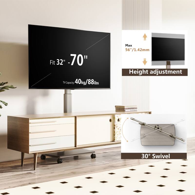 FITUEYES Rolling TV Floor Stand for 32 - 70 Inch TVs, Elegant Portable TV Stand with Upgraded 360° rotating wheels