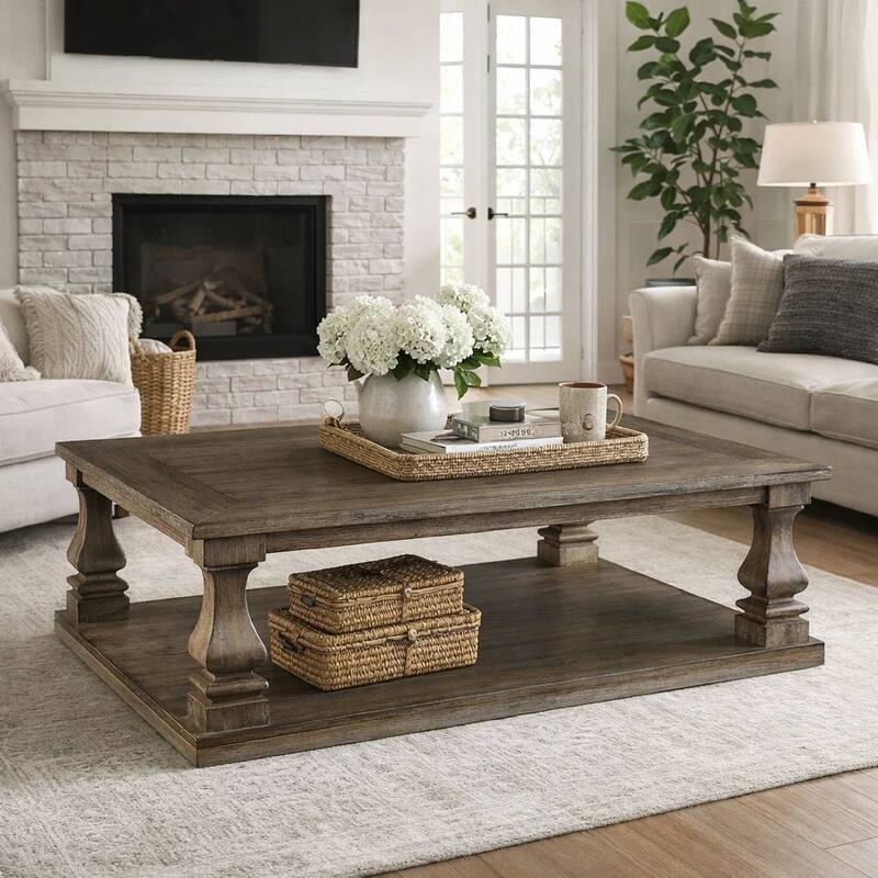 Classic 54 Inch Coffee Table, Baluster Legs, Spacious Top, Weathered Gray