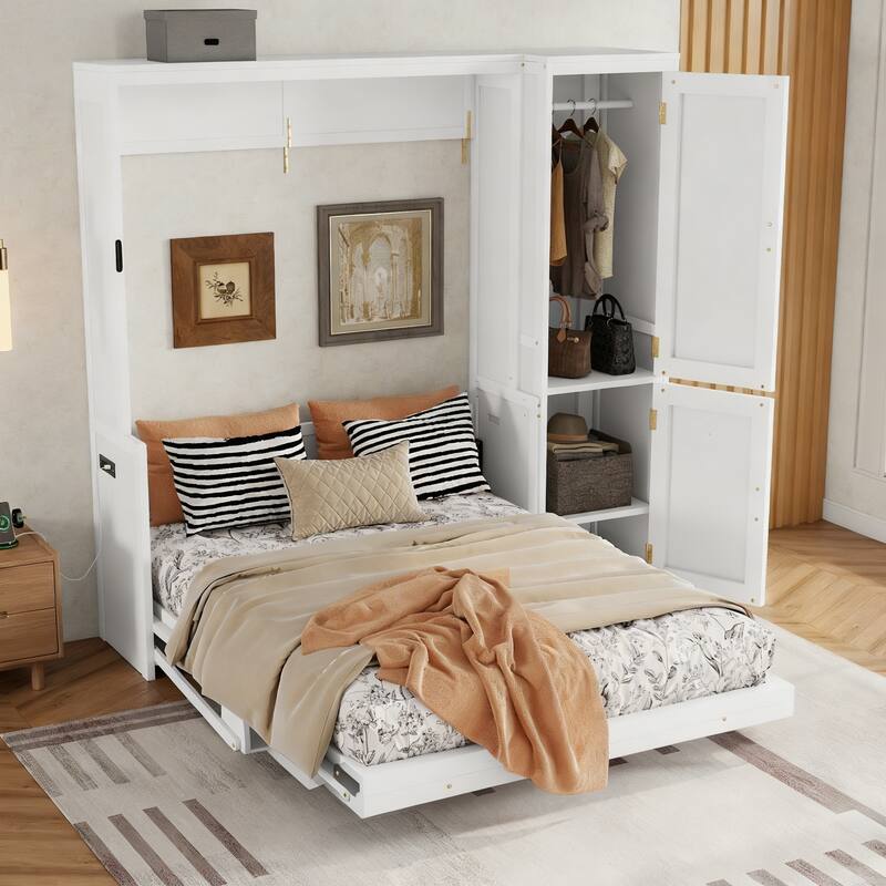 Queen Size Murphy Bed with Wardrobe Built-in Clothes Bar and Shelves,Space-Saving Hidden Wall Bed with Desk and Charging Station