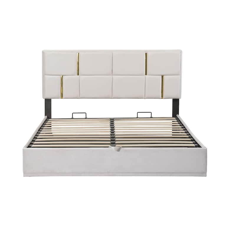 Beige Velvet Upholstered Queen Platform Bed with Hydraulic Lift Storage and Gold Decorated Headboard