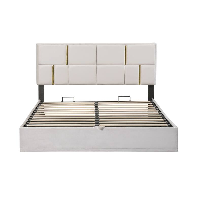 Noise Free Metal Platform Queen Bed Frame with Storage Underneath, Beige