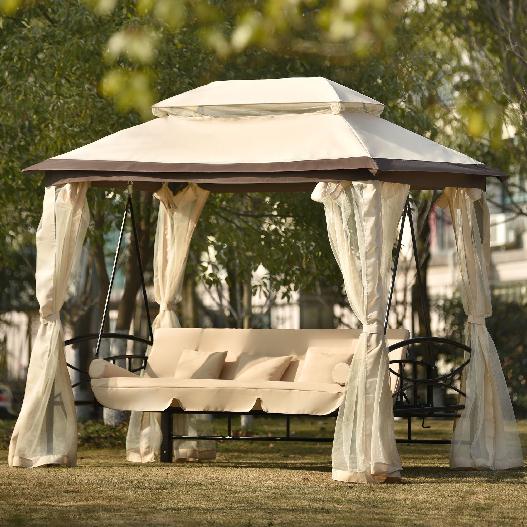 3 Person Gazebo Swing Bench with Double Roof Canopy Bed Bath Beyond 38280053