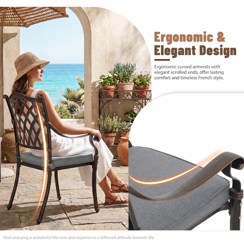 Outdoor Dining Chairs Bronze Cast Aluminum French European Inspired Design with Cushion Set of 2