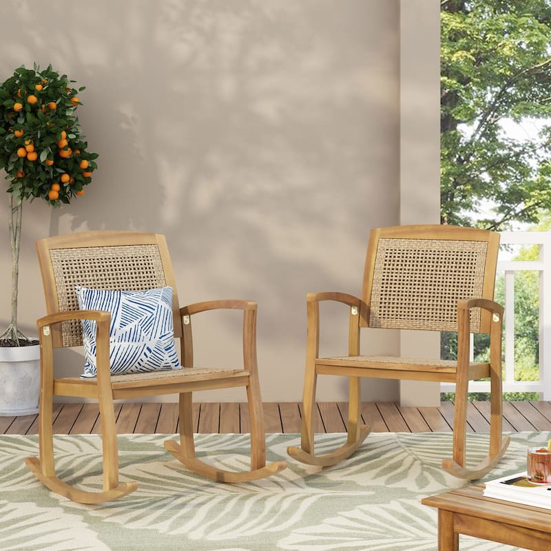 Welby Outdoor Acacia Wood and Wicker Outdoor Rocking Chair by Christopher Knight Home - Multi Light Brown + Light Brown