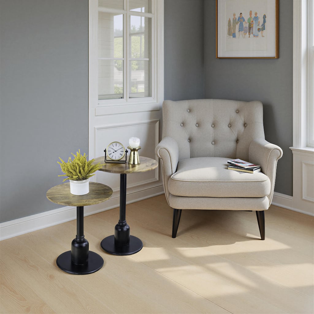Set of 2 Round Accent Tables - Solid Mango Wood Tops and Sturdy Metal Frames