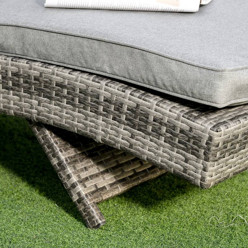 Outdoor Chaise Lounge with PE Rattan Cushioned, Patio Sun Lounger with 5-Level Adjustable Backrest & Wheels