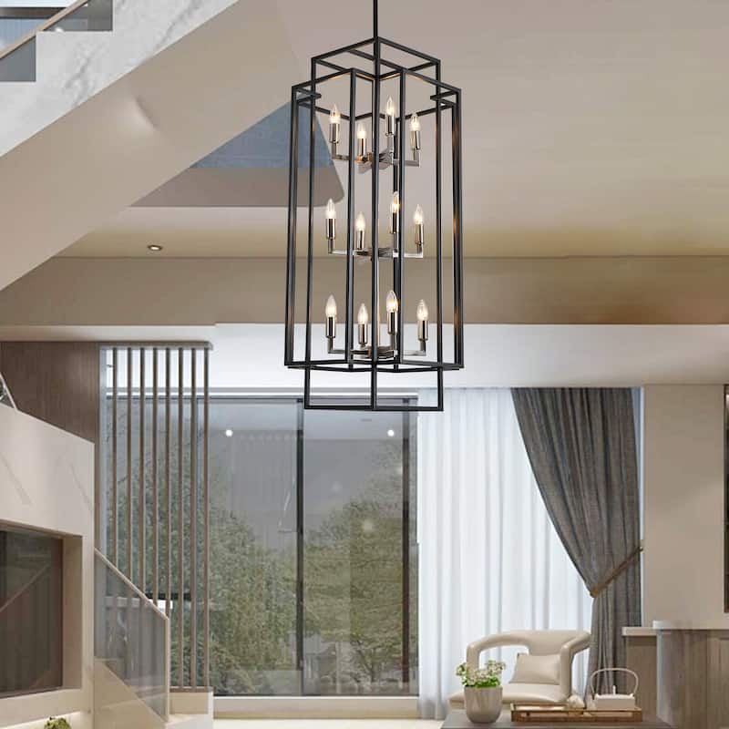 12 Light Black Industrial Metal Chandelier Fixture Rustic Lantern Pendant Lighting - Black&Silver