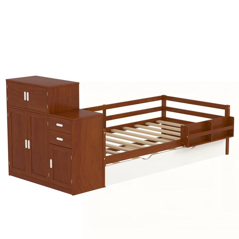Wood Platform Bed with Sample Bookshelf and Movable Wardrobe