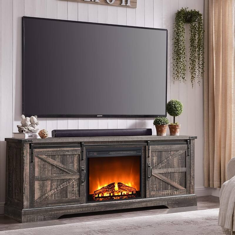 Farmhouse Fireplace TV Stand for 75'' TV, Rustic Entertainment Center - Dark Rustic Oak