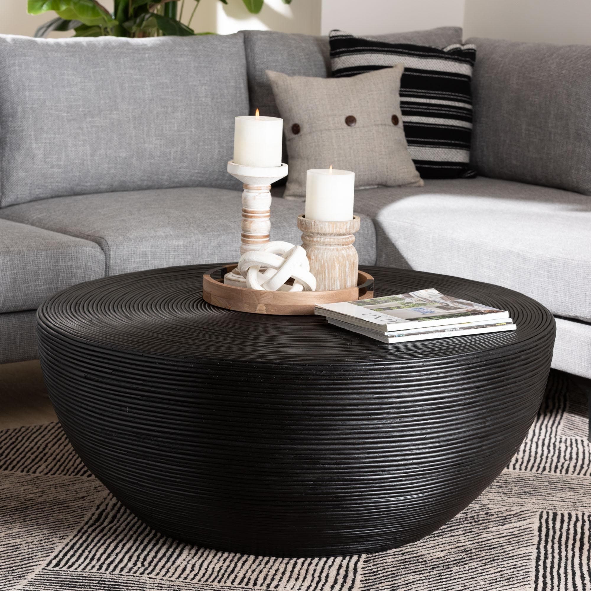 Tokyo Laminated Natural Rattan Coffee Table - Handcrafted Drum Table for Living Room, Coastal Boho Style Furniture