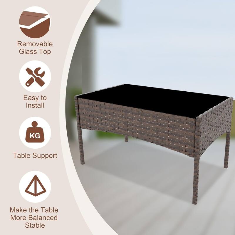 4 Pieces Rattan Wicker Chairs with Glass Coffee Table