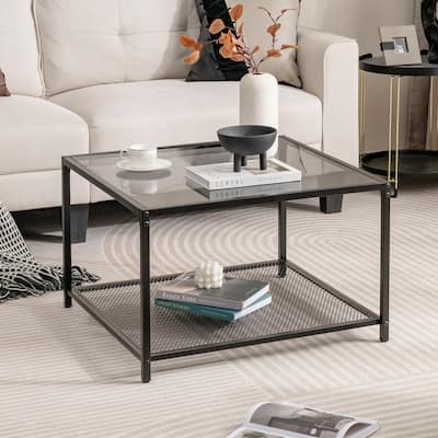2-Tier Glass Coffee Table 27.5'' Square End Table with Mesh Shelf