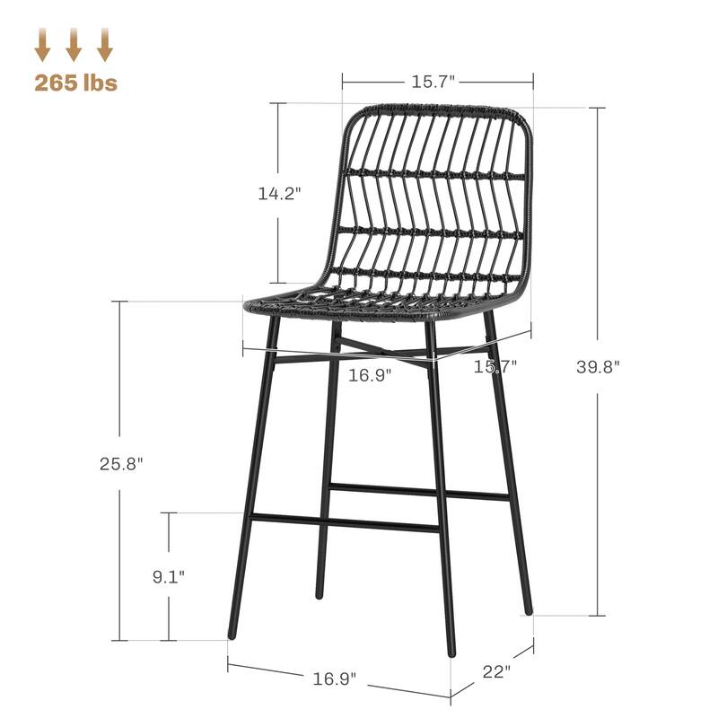 2-Pack Woven Rattan Counter Stools with Steel Legs and Adjustable Feet for Home or Bar Seating - 16.9" W x 22" D x 39.8" H