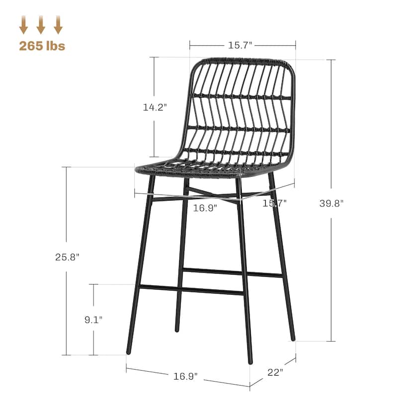 HOMCOM Rattan Counter Height Bar Stools Set of 2, 26" Wicker Barstools with Back, Modern Bar Chairs for Kitchen Island, Black