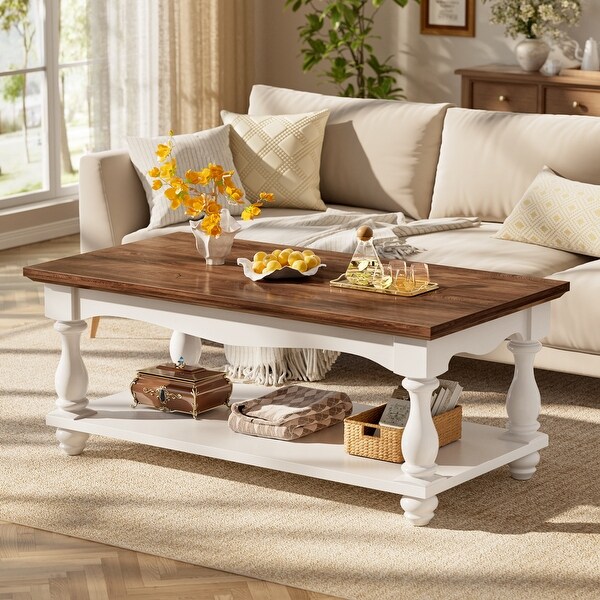 French Country Coffee Table with Storage Shlef, Farmhoues