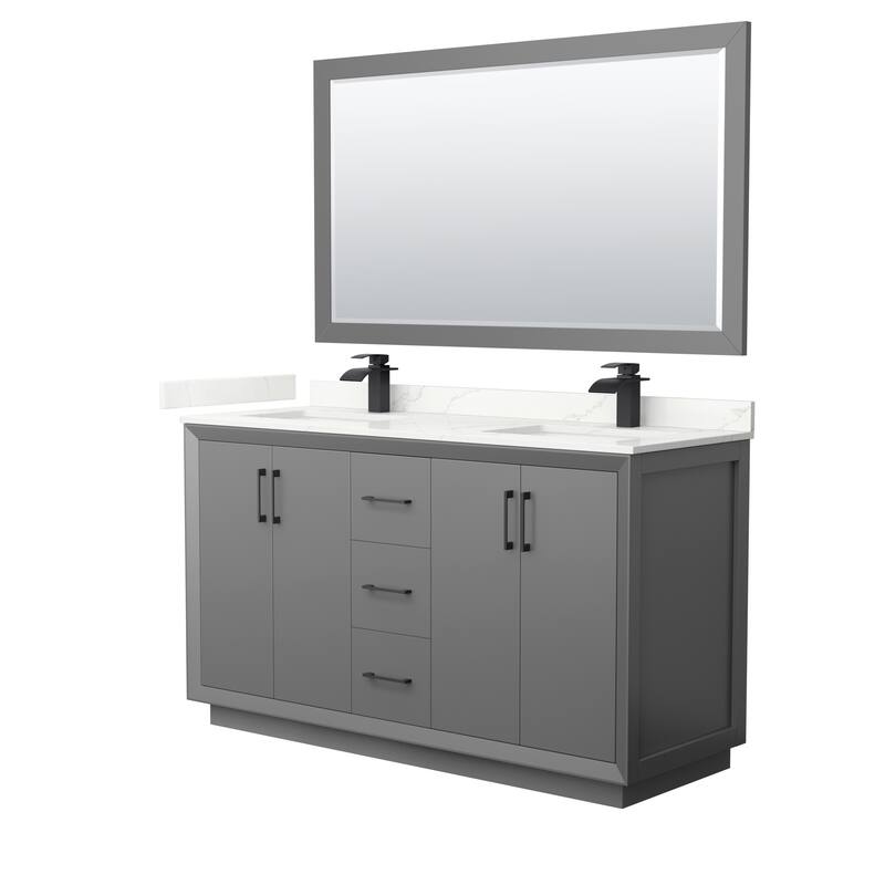 Strada 60-inch Double Vanity, Quartz Top, 58-inch Mirror - Dark Gray, Black Trim, Giotto Quartz Top