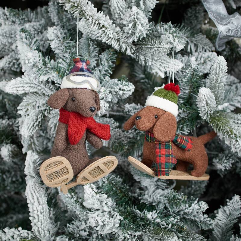 Set of 6 Plush Dog Christmas Ornaments with Snowboards and Snowshoes for Holiday Tree Decor - 6”L x 6”W x 9”H