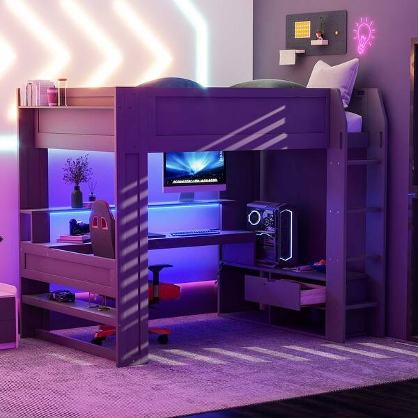 slide 2 of 16, Dark Gray Full Size Solid Wood MDF Gaming Loft Bed with Desk and Charging Station Full - Dark Gray