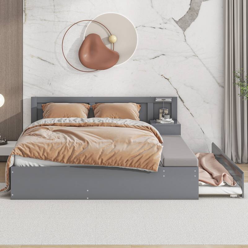 Full Size Wood Storage Hydraulic Platform Bed with Twin Size Trundle, Side Table and Lounge