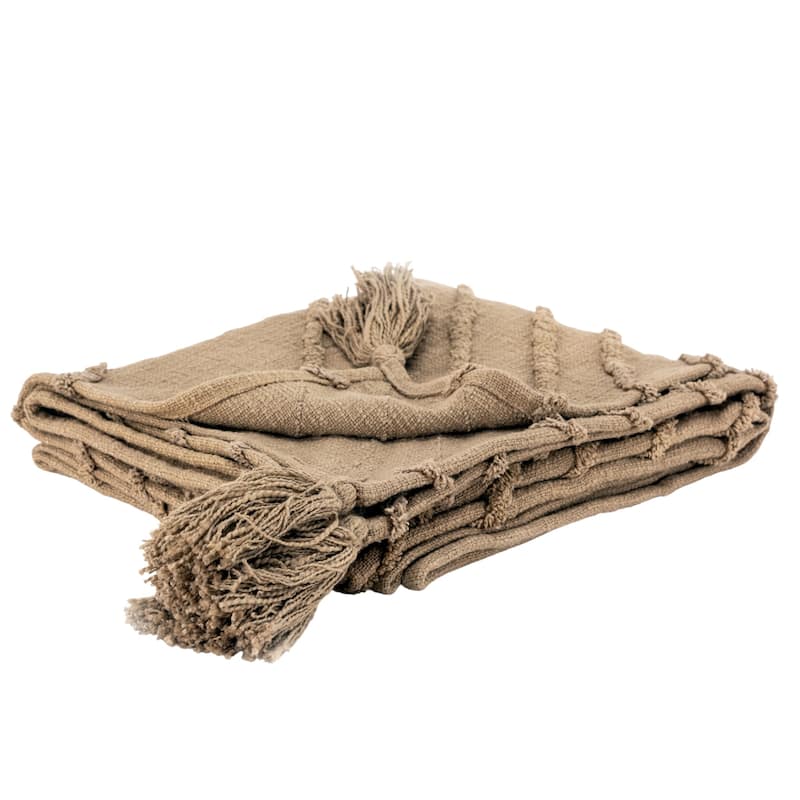 HomeRoots 50" X 60" Brown Cotton Woven Geometric Throw Blanket with Tassels