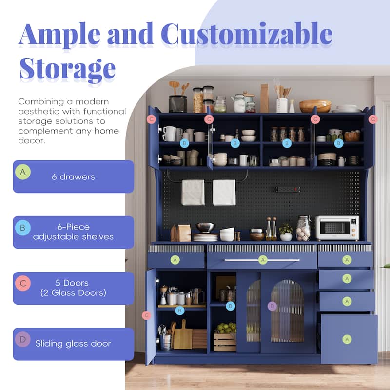 63 Inch Kitchen Coffee Bar Cabinet with Hutch, Freestanding Buffet with Power Outlet, Drawers & Towel Rack