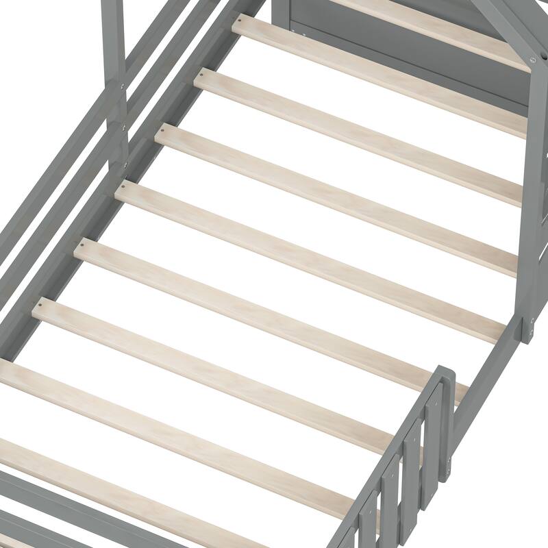 Twin Size House Bed with Guardrails, Storage Drawers, Roof, and Window Design