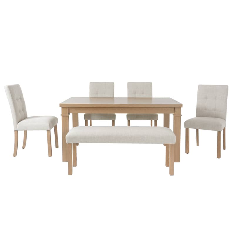 6 Piece Solid Wood Dining Table Set with Rectangle Dining Table, 4 Upholstered Chairs and 1 Bench for Dining Room