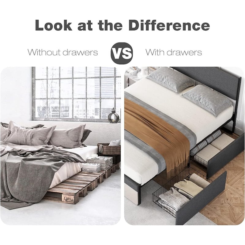 Bed Frame with 2 Storage Drawers Upholstered Platform Bed Frame