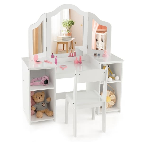 slide 2 of 18, Gymax Kids Vanity 2 in 1 Princess Makeup Desk & Chair Set Safe White