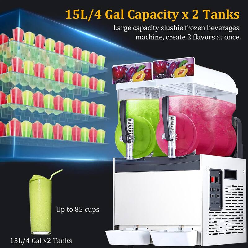700W 7.9 Gal Double Bowl Commercial Slushy Machine 15L/Tank - 15L x 2-Tank