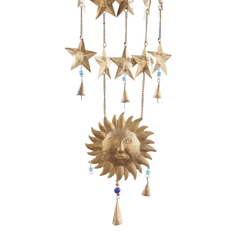 Metal Sun and Moon or Floral Sun and Flowers Windchime with Glass Beads and Cone Bells - Gold - Roche River Decor