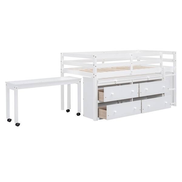 slide 2 of 19, Muti-Functional Twin Size Wood Loft Bed,Lateral Portable Desk and Shelves White