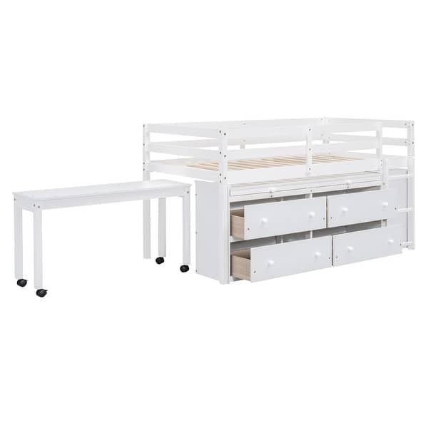 slide 2 of 13, Twin Low Loft Bed with Rolling Portable Desk & Shelves, Wood Loft Bed Frame with 4 Drawers for Kids & Teens, Boys, Girls White White - Twin
