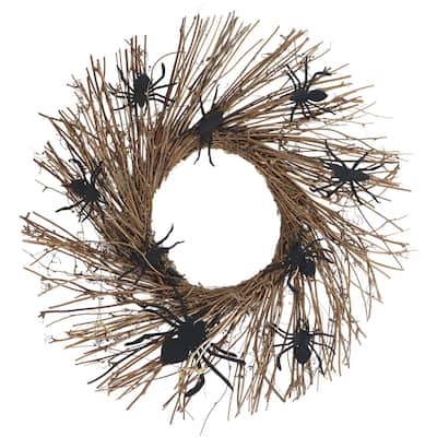 Haunted Hill Farm 20-In. Battery-Operated Natural Twig Wreath with LED Lights and Creepy Spiders