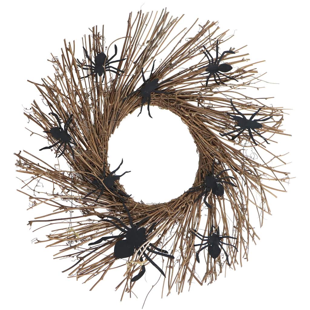 Haunted Hill Farm 20-In. Battery-Operated Natural Twig Wreath with LED Lights and Creepy Spiders