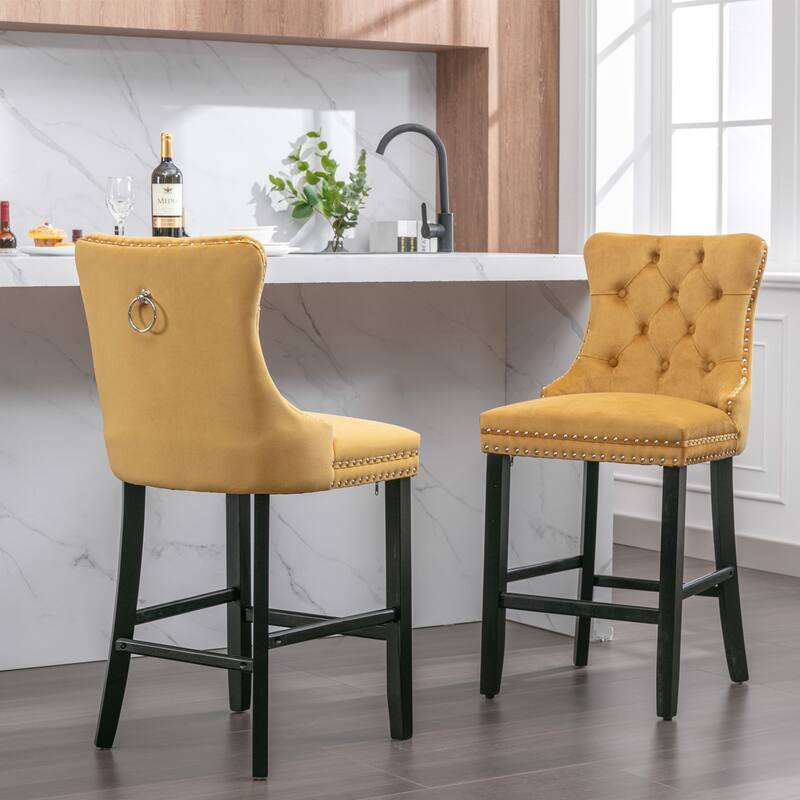 Velvet Upholstered Barstools Tufted High Back Bar Stool with Nailhead Trim Wood Legs Lounge Bar Stool Set of 2