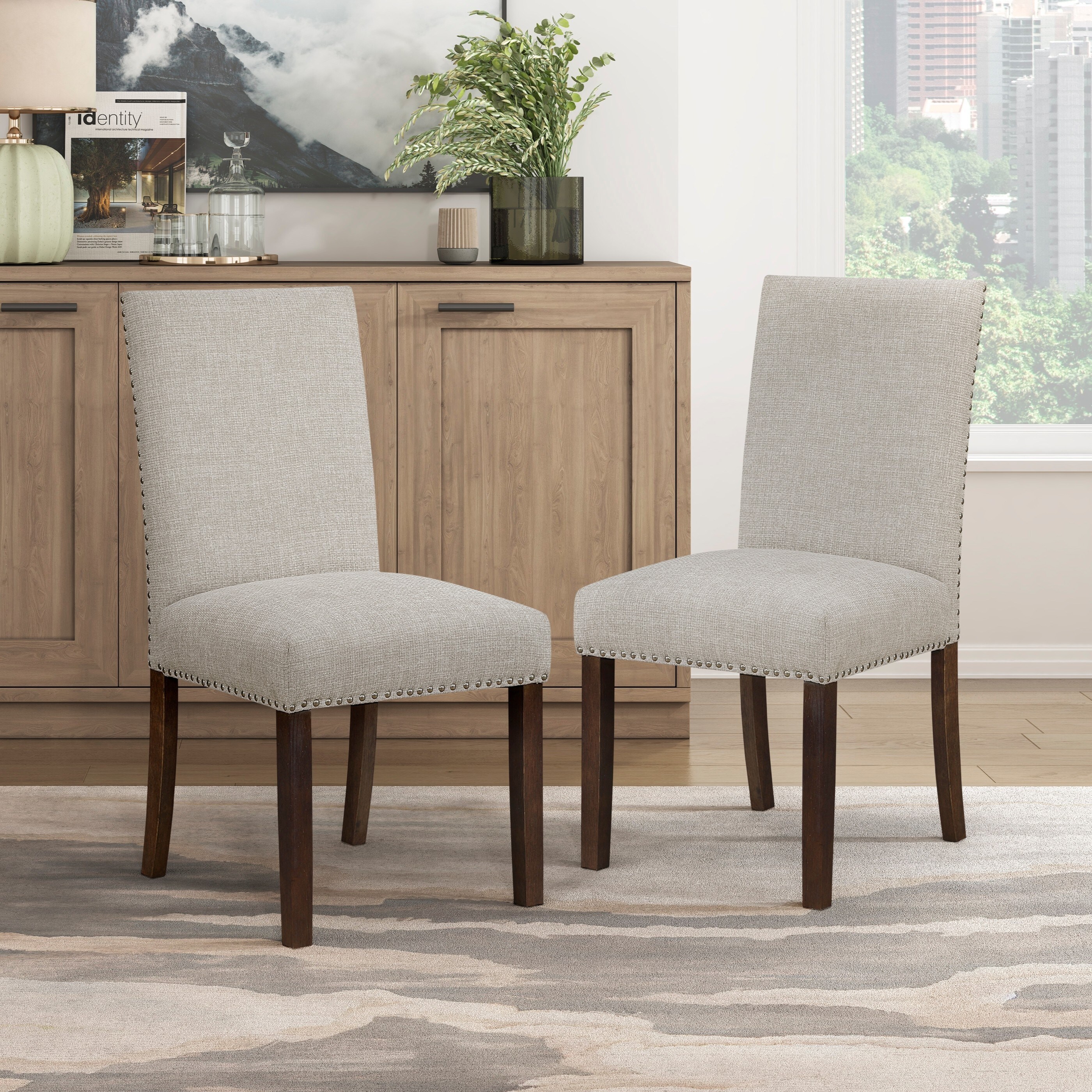 Classic 7pc Dining Set Dark Brown Finish Table and 6x Side Chairs Comfort Upholstery Taupe Dining Kitchen Furniture