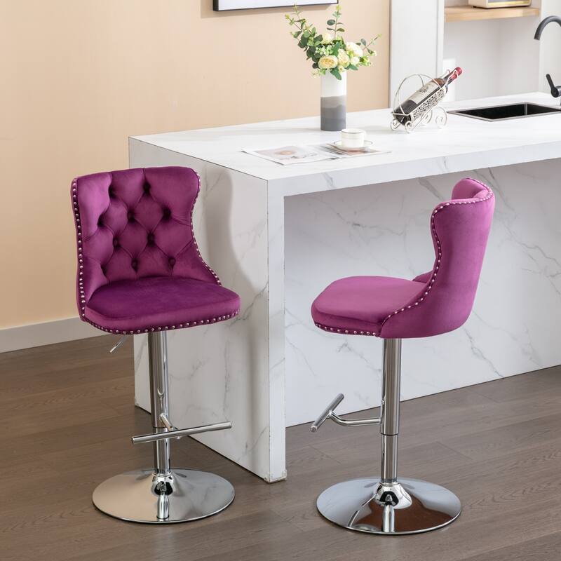 Swivel Velvet Barstools Set of 2 Adjustable Height Bar Stool with Chrome Base Modern Tufted Back Bar Stool