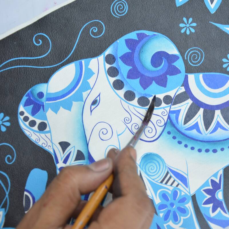 Handpainted Leather Ladies Two-Fold Clutch Wallet - Blue Elephant - Black/Blue