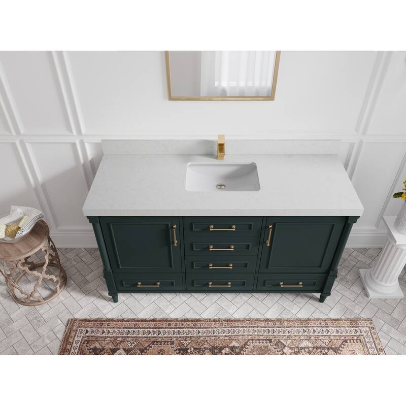 Willow Collections 60 in. W x 22 in. D Aberdeen Single Bowl Sink Bathroom Vanity in Dark Forest Green with Countertop - 2" Carrara Quartz - Dark Forest Green