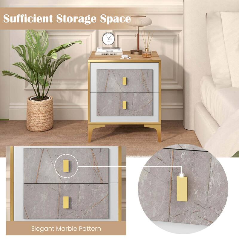 Costway 1/2 PCS Nightstand with Storage Faux Marble Surface Accent
