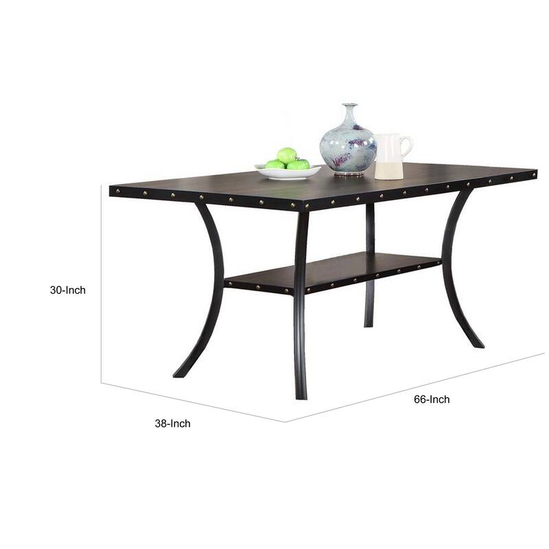 Sie 66 Inch Dining Table, Rectangular Nailhead Trim, Black Wood Finish