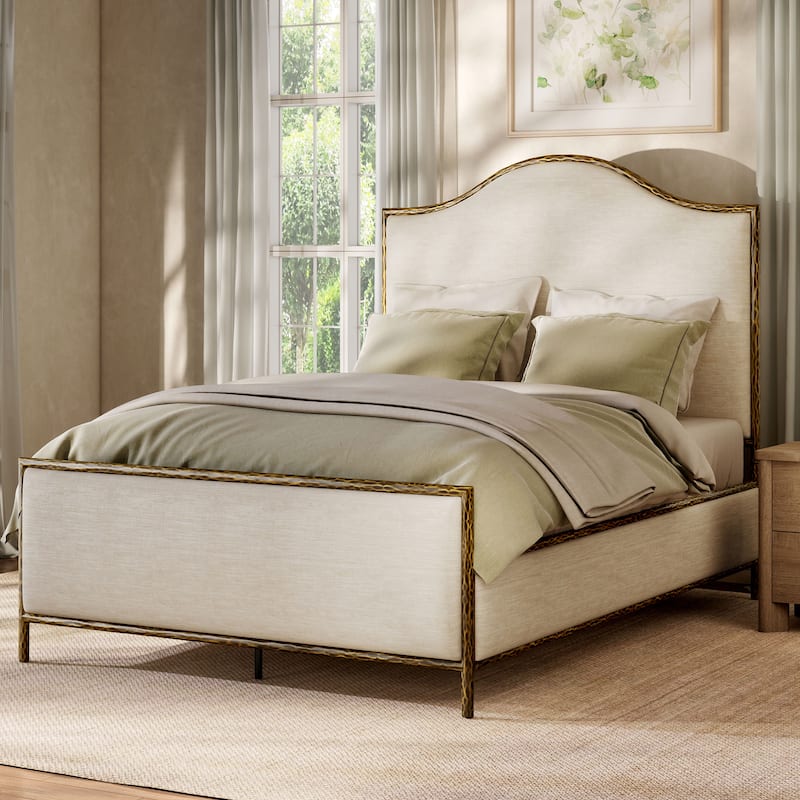 247 Shop At Home Lalia Modern Beige Upholstered Hammered Metal Camelback Bed