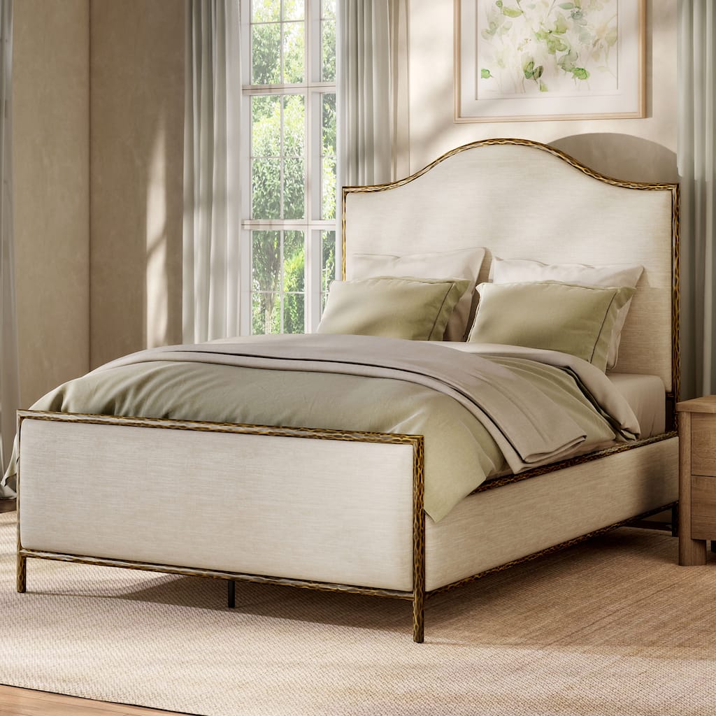 247 Shop At Home Lalia Modern Beige Upholstered Hammered Metal Queen Size Camelback Bed