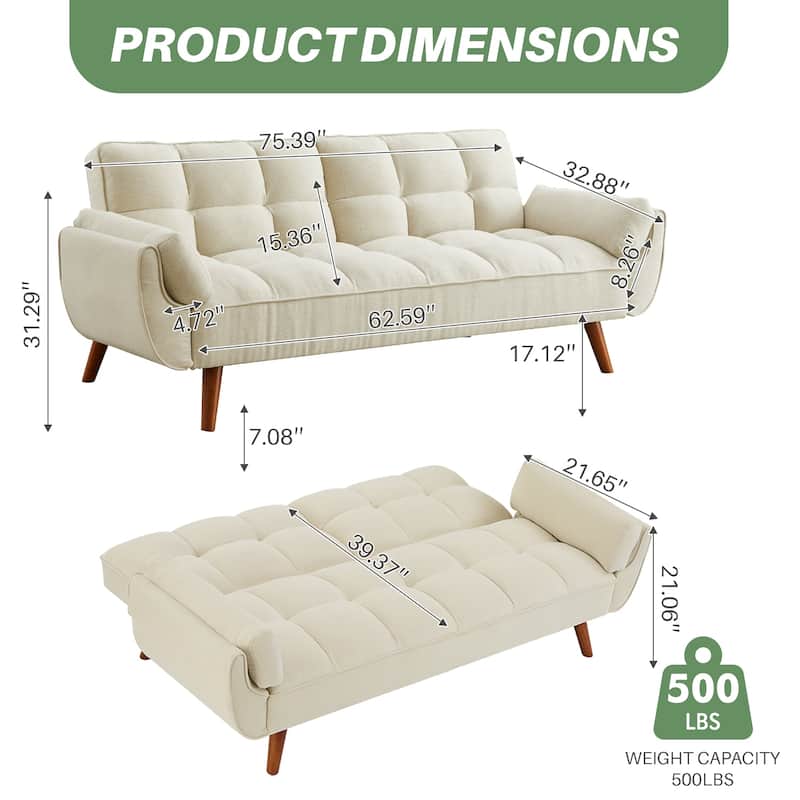 75.39" Futon Sofa Bed, Convertible Folding Futon Couch Recliner Lounge For Living Room With 2 Pillow/Armrest